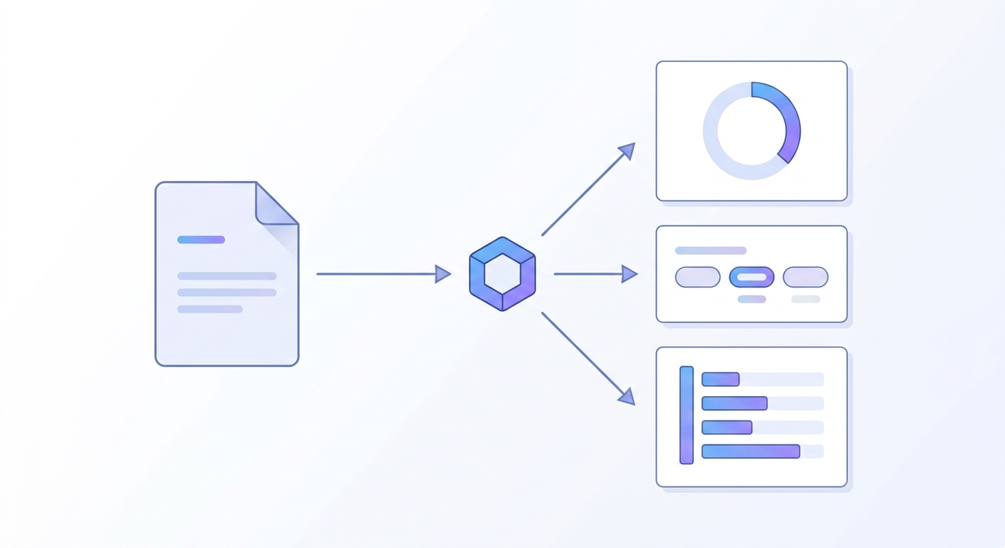 Diagram: one document flows into a single node, which fans out to three typed results — a ring gauge, option pills, and a bar scale