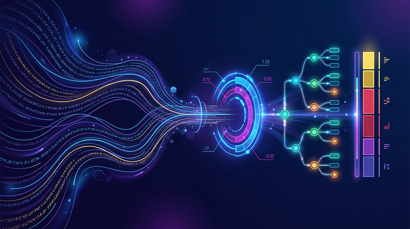 Abstract illustration of text resolving into typed probability outputs