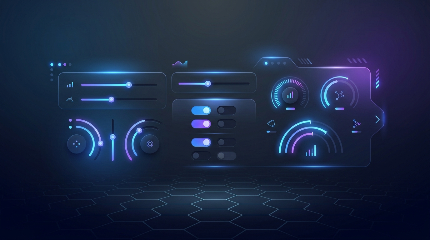 Abstract illustration of an interactive control panel with sliders, toggles and gauges